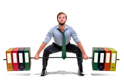 Muscular businessman lifting weights made of heavy files