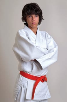 Young fighter posing isolated against a light backgroud
