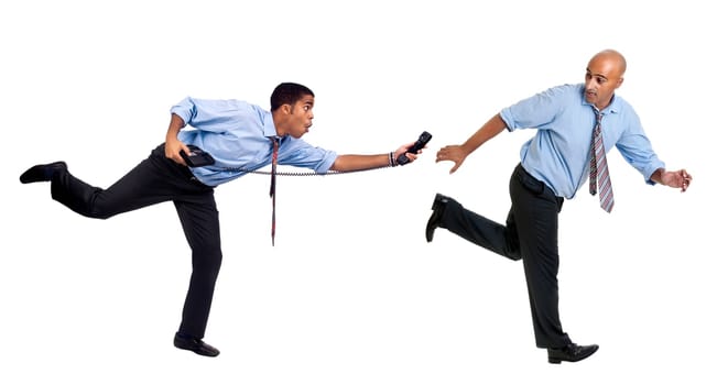 Businessmen running with phone isolated in white