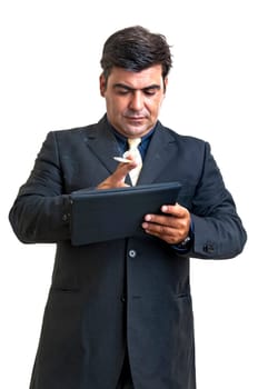 Smoking businessman with tablet isolated in white