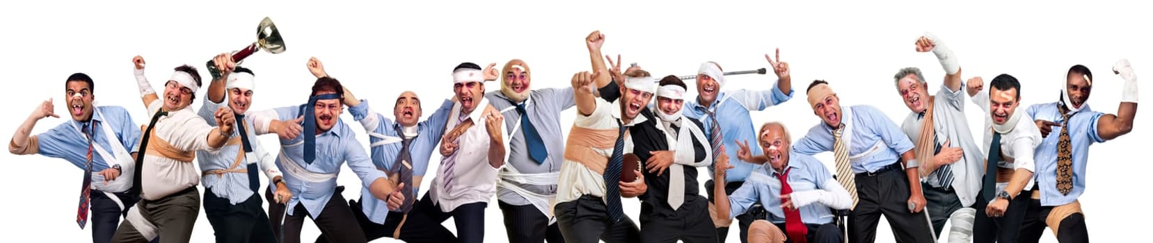 Complete team of injured businessmen after a rugby game