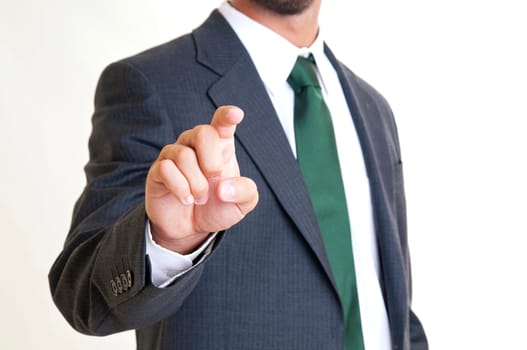 Businessman torso with hand pointing