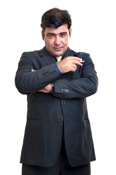 Smoking businessman isolated in white