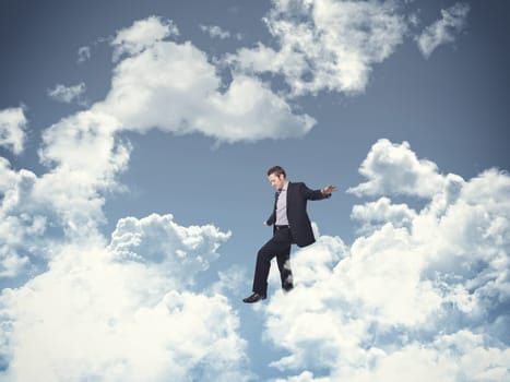man walk on 3d clouds background