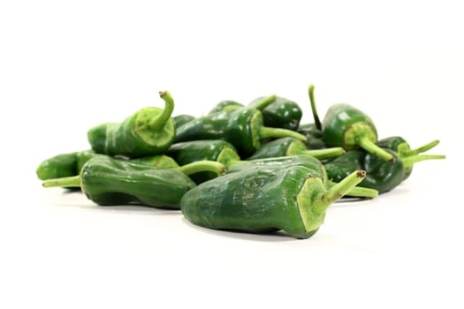 fresh green pimientos against white background