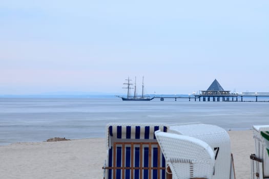 View of the pier of Ahlbeck with a large sailing ship