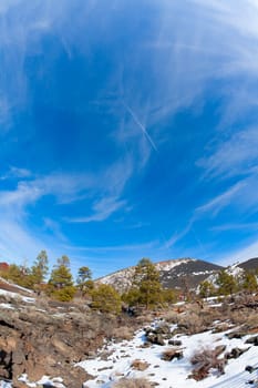 Sunset Crater and surrounding lava field in winter