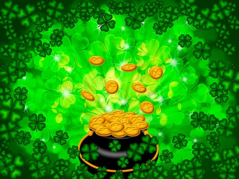 St Patricks Day Pot of Gold on Four Leaf Clover Shamrock with Blurred Background