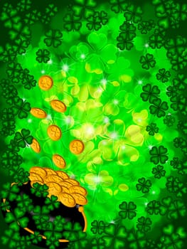 St Patricks Day Pot of Gold on Four Leaf Clover Shamrock with Blurred Background Vertical