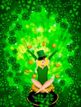 St Patricks Day Girl Leprechaun on Four Leaf Clover Shamrock with Blurred Background