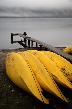 Like bananas,these yellow paddle boats lie on Lake Bohino