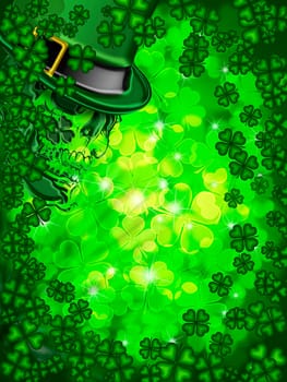 St Patricks Day Leprechaun Skull on Four Leaf Clover Shamrock with Blurred Background Vertical