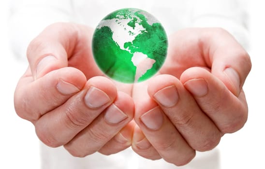 Save the world. earth globe in human hands.
