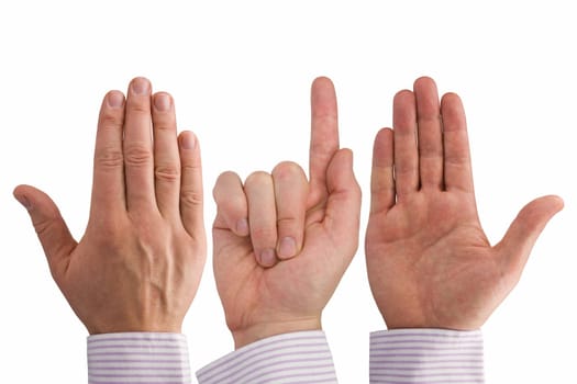 three hands expressing different symbols.Isolated on white