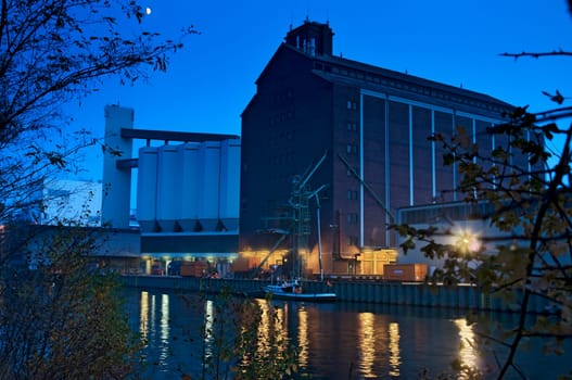 HDR composite shot of a small river port in Berlin at night