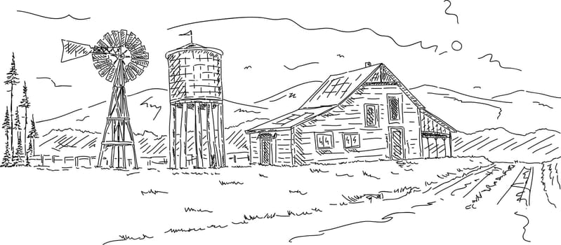 vector - Old farm under mountains hand draw