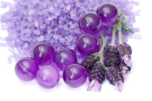 Spa essentials (bath salt, oil pearls and flowers of lavender)
