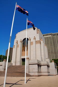 Anzac War Memorial in Hyde Park, Sydney, australian flags,