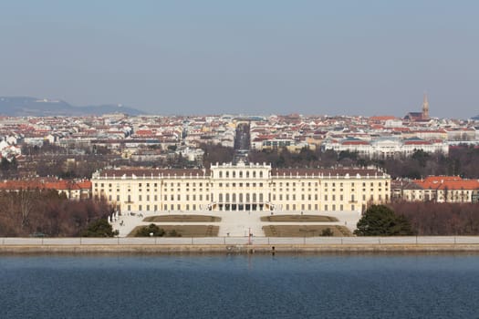 Schönbrunn with the cityscape of Vienna,historic building and landmark of the capital