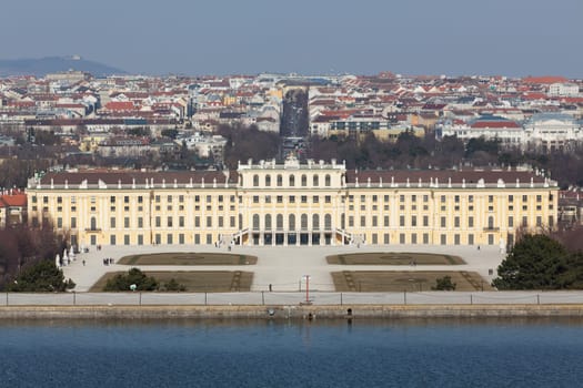 Schönbrunn with the cityscape of Vienna,historic building and landmark of the capital