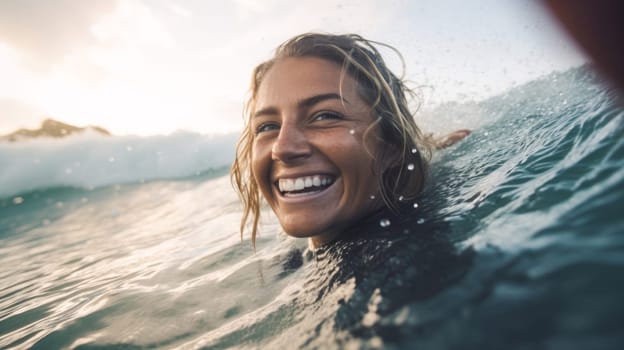 Happy surfer girl paddling on surfboard in blue ocean on sunset. In motion summer