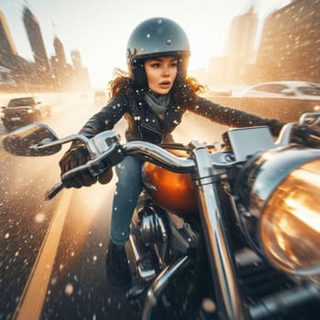 young woman drive scooter in snow storm in winter time in a city trafficked road generative ai art