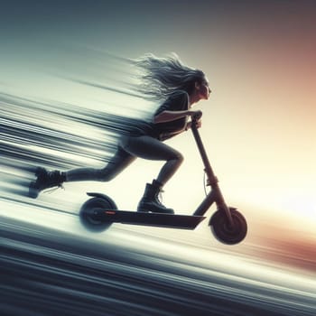 woman fast drive electric scooter jumping slope arriving the city motion blurred generative ai art