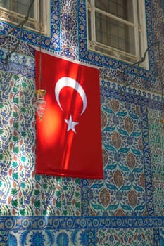 turkey istanbul 22 may 2023. Turkish flag on the wall of a Eyup Sultan mosque .