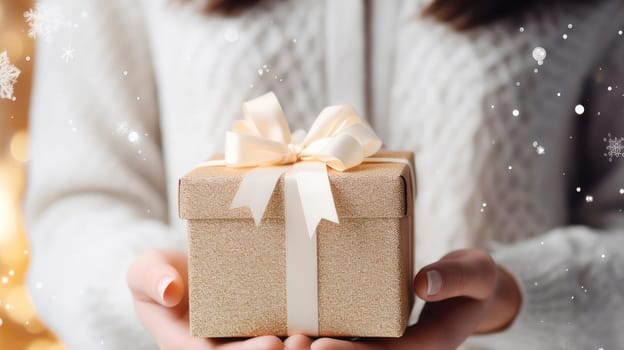 Christmas gift in a light box in gentle female hands, in a white sweater on a light, New Year's background with bokeh and copy space.