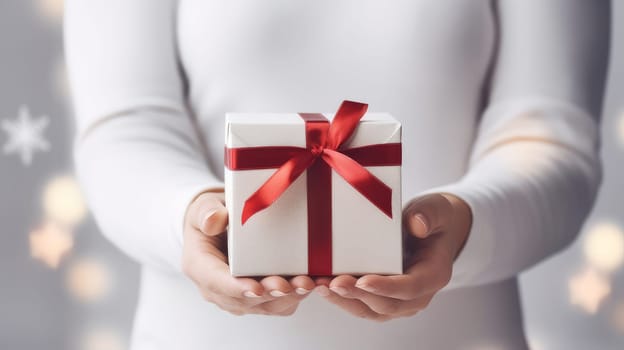 Christmas gift in a light box with a red ribbon in gentle female hands, in a white sweater on a light, New Year's background with bokeh and copy space.