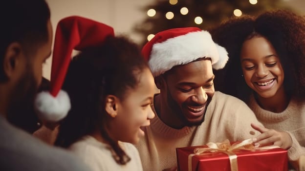 Happy black family with children and parents opening Christmas gifts. Merry Christmas and Merry New Year concept