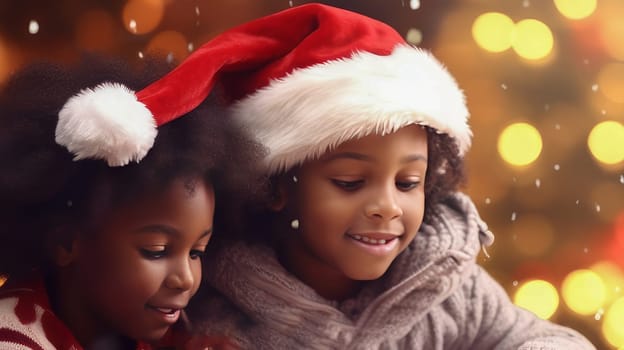 Happy black family with children and parents opening Christmas gifts. Merry Christmas and Merry New Year concept