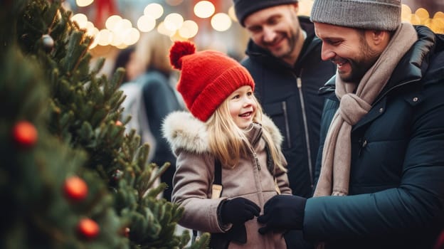 Happy family of LGBT gay couples with children and parents choose a New Year tree at the Christmas tree market. Merry Christmas and Merry New Year concept