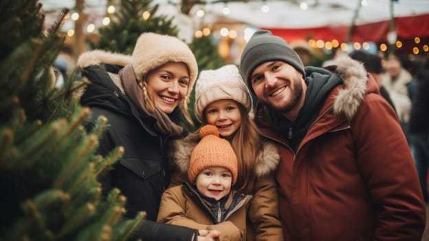 A happy family with a child and parents chooses a New Year's tree at the Christmas tree market. Merry Christmas and Merry New Year concept