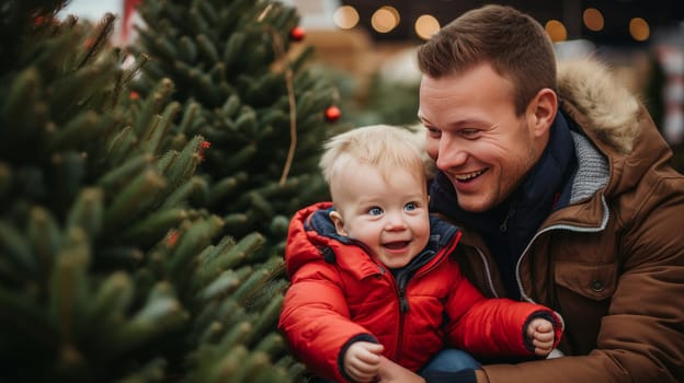 A happy family with a child and parents chooses a New Year's tree at the Christmas tree market. Merry Christmas and Merry New Year concept