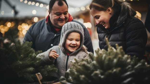 A happy family with a child with Down syndrome and parents choose a New Year's tree at the Christmas tree market. Merry Christmas and Merry New Year concept