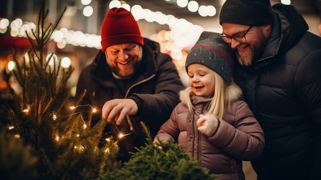 A happy family of LGBT gay couples with a child with Down syndrome and parents choose a New Year's tree at the Christmas tree market. Merry Christmas and Merry New Year concept.