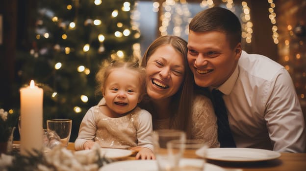 Happy family with a child with Down syndrome and parents against the background of a New Year's tree, people with disabilities. Merry Christmas and Merry New Year concept.