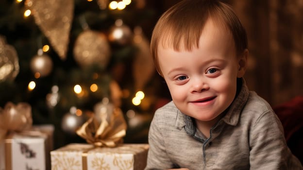 Happy little one with a child with Down syndrome with gifts and lights on the background of a New Year's tree, people with disabilities. Merry Christmas and Merry New Year concept