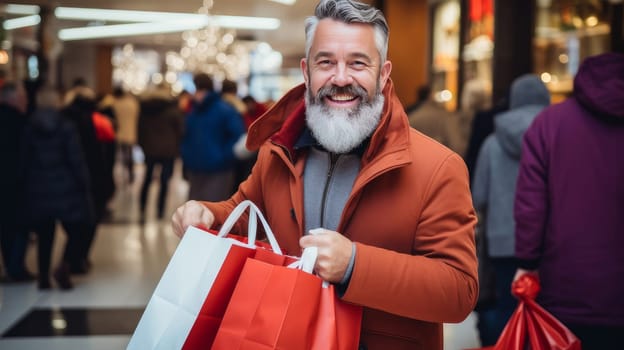 Smiling middle aged man with Christmas gifts in shopping bags in a shopping mall. Christmas sale concept.