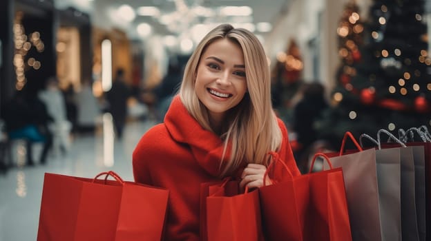 Smiling woman with Christmas gifts in shopping bags at the mall. Christmas sale concept.