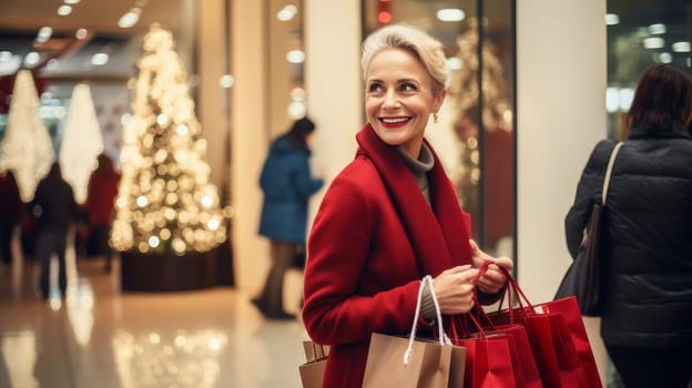 Smiling middle-aged woman with Christmas gifts in shopping bags in a shopping mall. Christmas sale concept