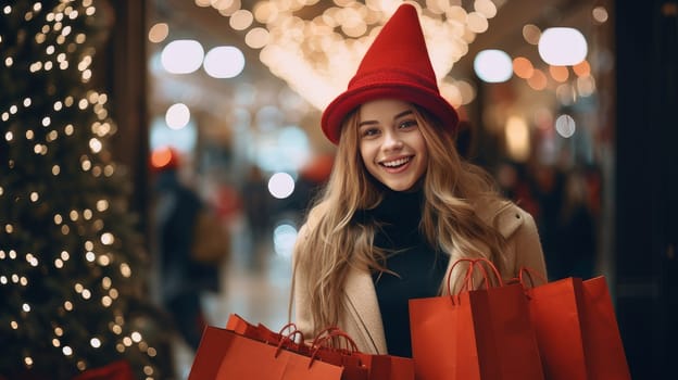 Smiling girl with Christmas gifts in shopping bags in a shopping center. Christmas sale concept.