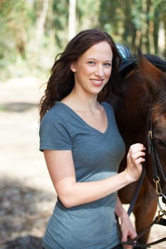 Happy, nature and portrait for woman with her horse on an outdoor farm for sports racing. Smile, training and confident young female person from Canada with her mammal animal or pet in countryside
