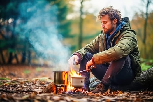 A man boils water on a fire in the forest. High quality photo