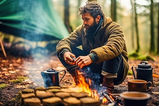 A man boils water on a fire in the forest. High quality photo