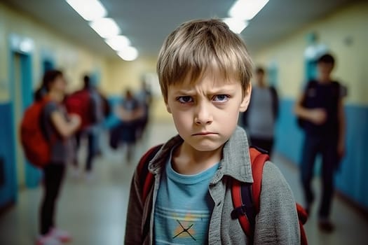 Portrait of an offended student in a school hallway. Bullying concept at school. High quality photo
