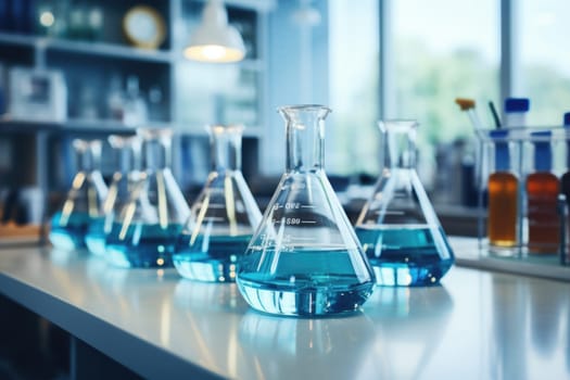 Various laboratory glassware with blue liquid and reflection on the table. Science and medicine concept.