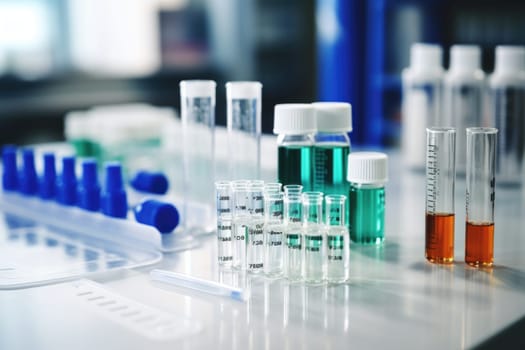 Various laboratory glassware with liquids for research in the laboratory.