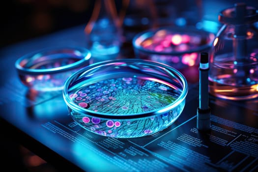 Glowing microorganisms in a test tube. Biological research concept.